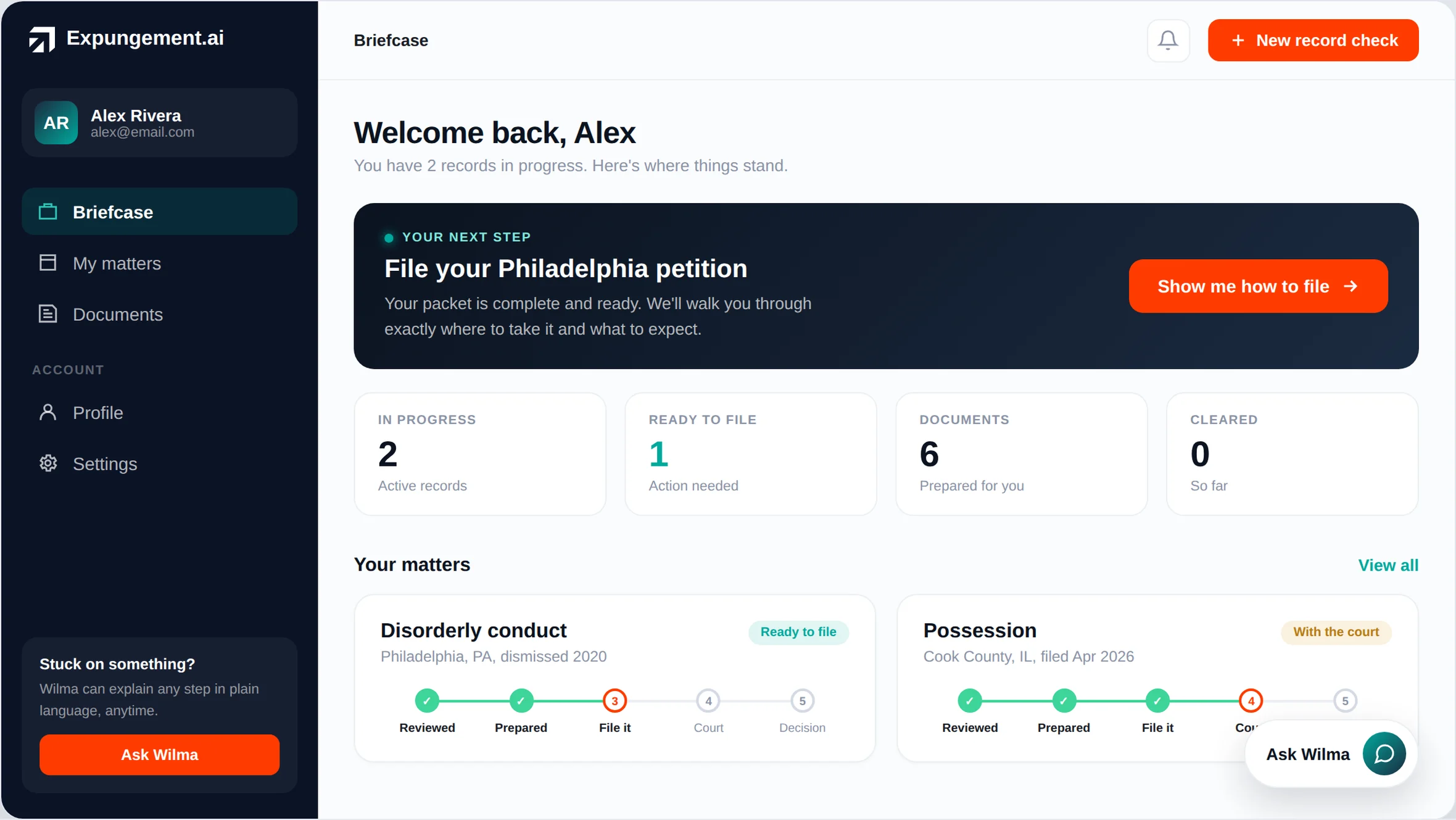 Example of a free Briefcase with cases, documents, and next steps.